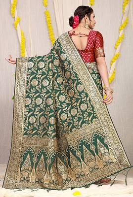 Bottle green banarasi silk blend saree with all-over floral zari jaal work 2