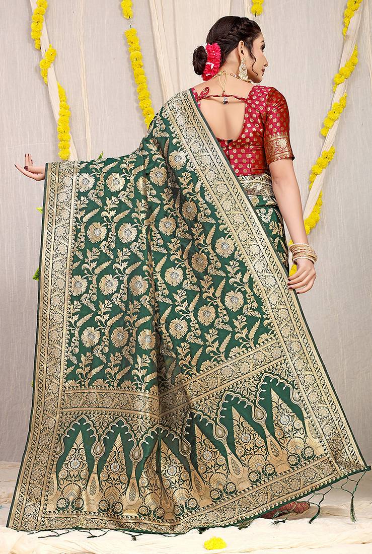 Bottle green banarasi silk blend saree with all-over floral zari jaal work
