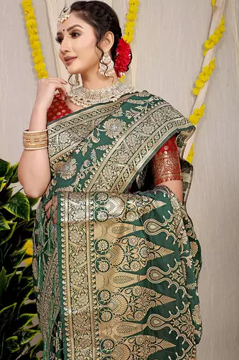Bottle green banarasi silk blend saree with all-over floral zari jaal work