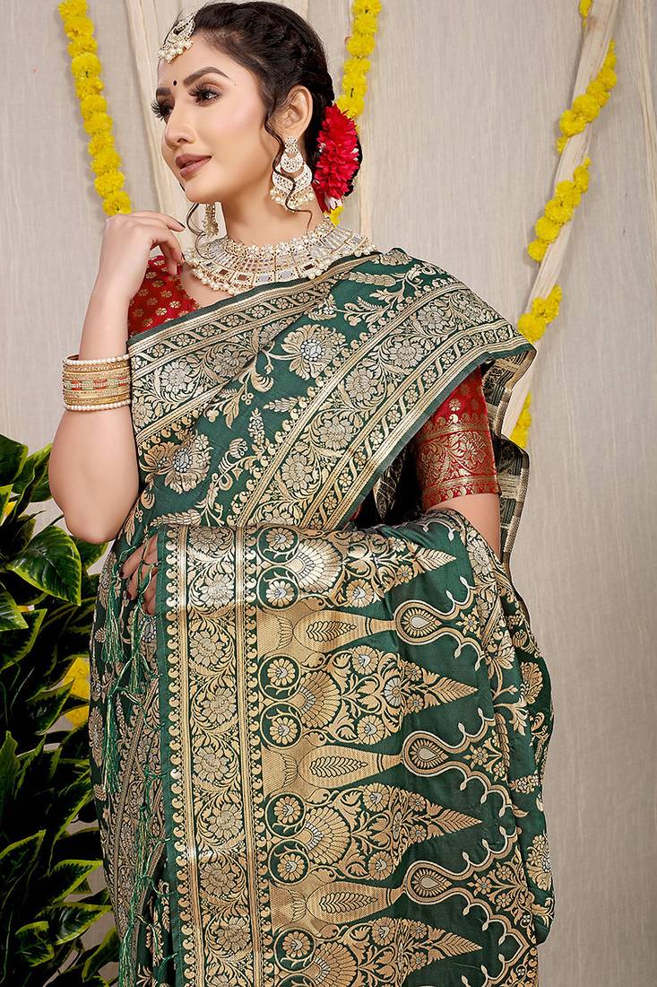Bottle green banarasi silk blend saree with all-over floral zari jaal work