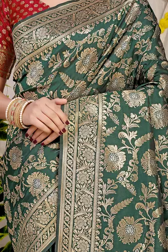 Bottle green banarasi silk blend saree with all-over floral zari jaal work