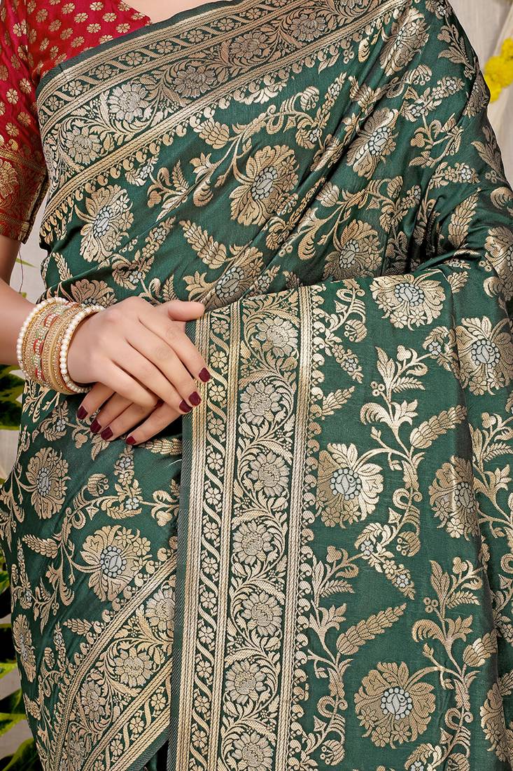 Bottle green banarasi silk blend saree with all-over floral zari jaal work