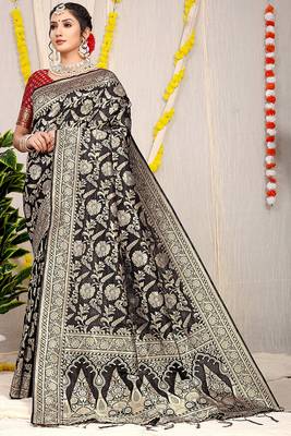 Black banarasi silk blend saree with all-over floral zari jaal work 1