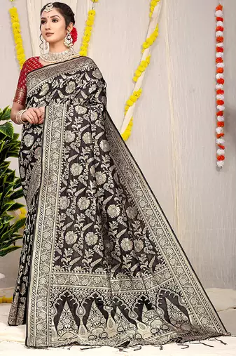 Black banarasi silk blend saree with all-over floral zari jaal work