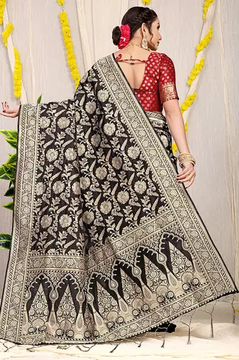 Black banarasi silk blend saree with all-over floral zari jaal work