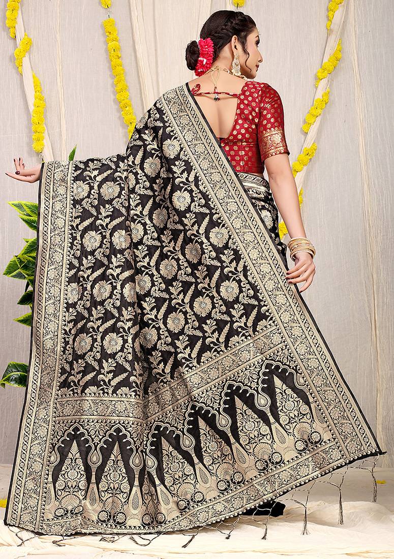Black banarasi silk blend saree with all-over floral zari jaal work