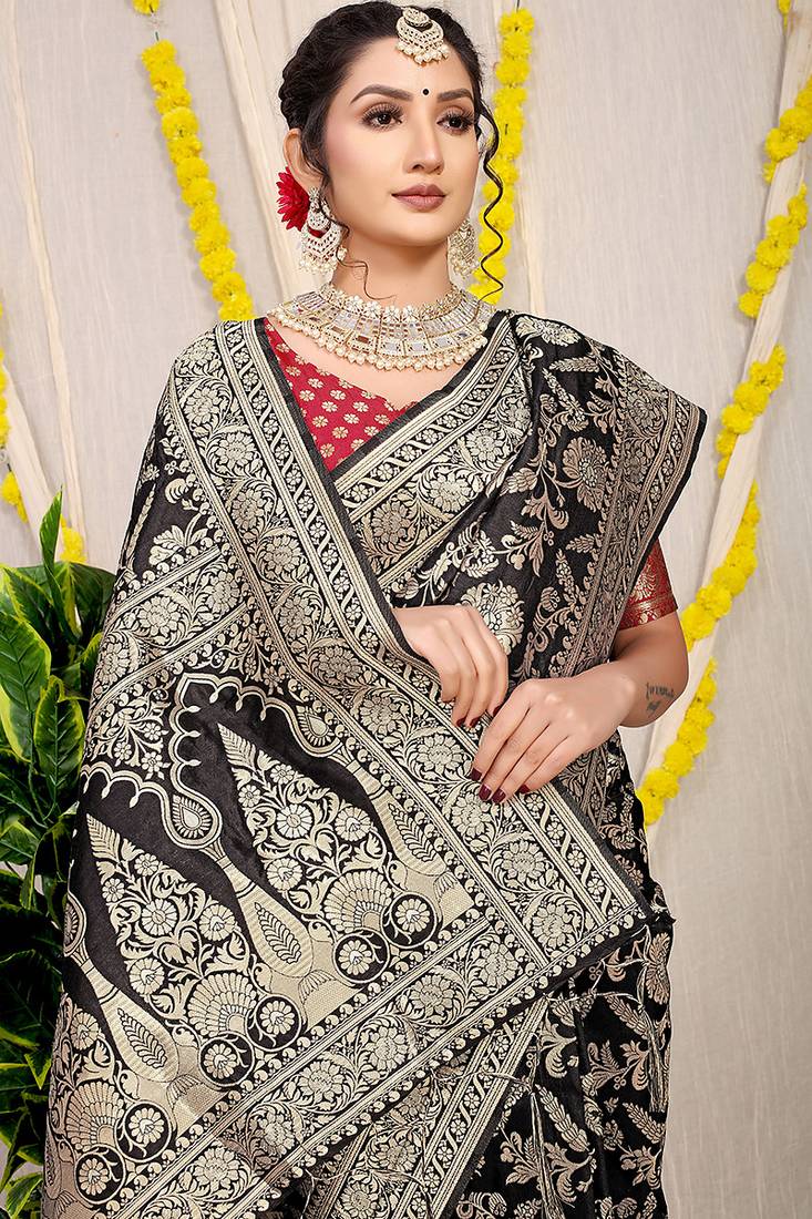 Black banarasi silk blend saree with all-over floral zari jaal work