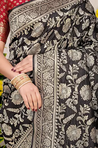Black banarasi silk blend saree with all-over floral zari jaal work