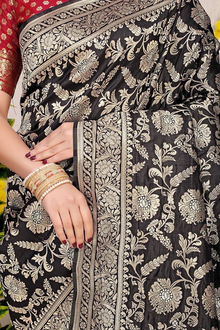 Black banarasi silk blend saree with all-over floral zari jaal work