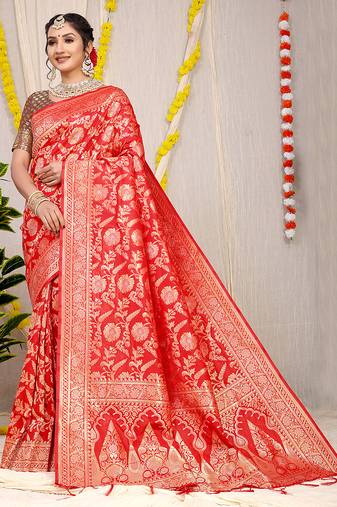 Red banarasi silk blend saree with all-over floral zari jaal work