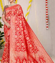 Red banarasi silk blend saree with all-over floral zari jaal work