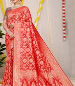 Red banarasi silk blend saree with all-over floral zari jaal work
