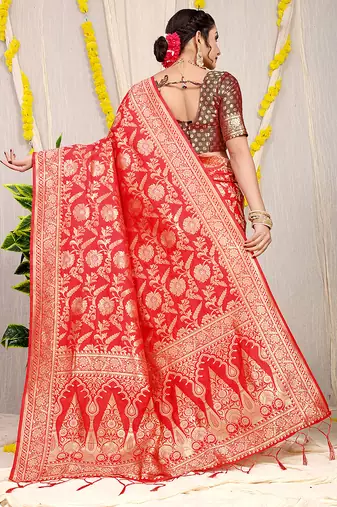 Red banarasi silk blend saree with all-over floral zari jaal work
