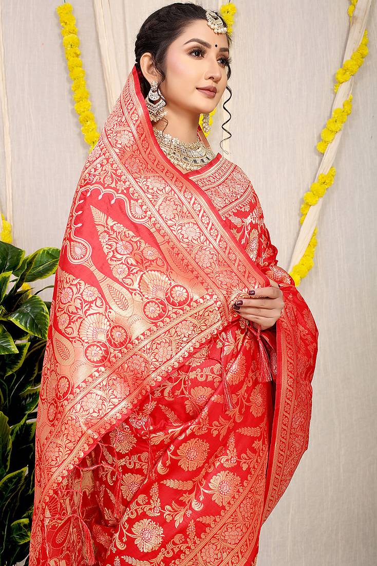 Red banarasi silk blend saree with all-over floral zari jaal work
