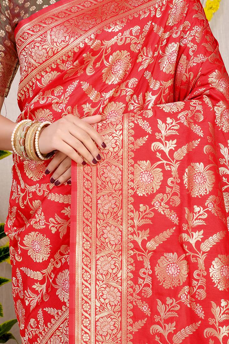 Red banarasi silk blend saree with all-over floral zari jaal work