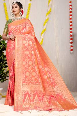 Peach banarasi silk blend saree with all-over floral zari jaal work 1