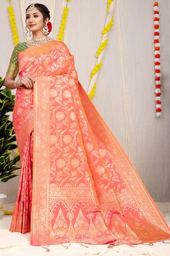 Peach banarasi silk blend saree with all-over floral zari jaal work