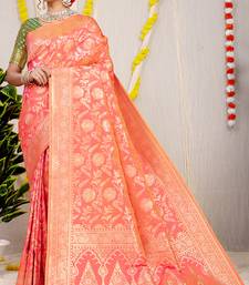 Peach banarasi silk blend saree with all-over floral zari jaal work