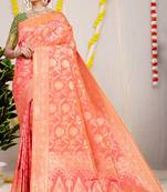 Peach banarasi silk blend saree with all-over floral zari jaal work
