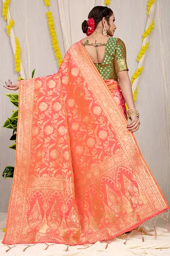 Peach banarasi silk blend saree with all-over floral zari jaal work