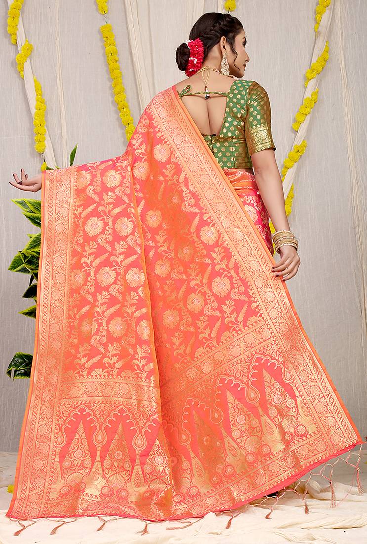 Peach banarasi silk blend saree with all-over floral zari jaal work