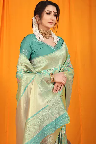 Turquoise banarasi silk blend saree with all-over floral jaal