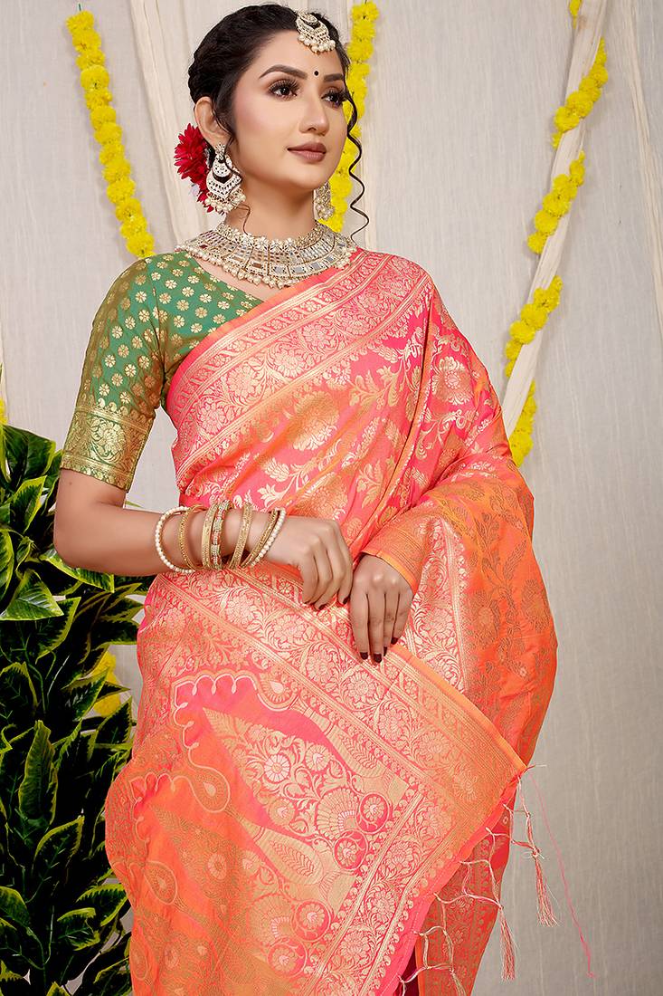Peach banarasi silk blend saree with all-over floral zari jaal work