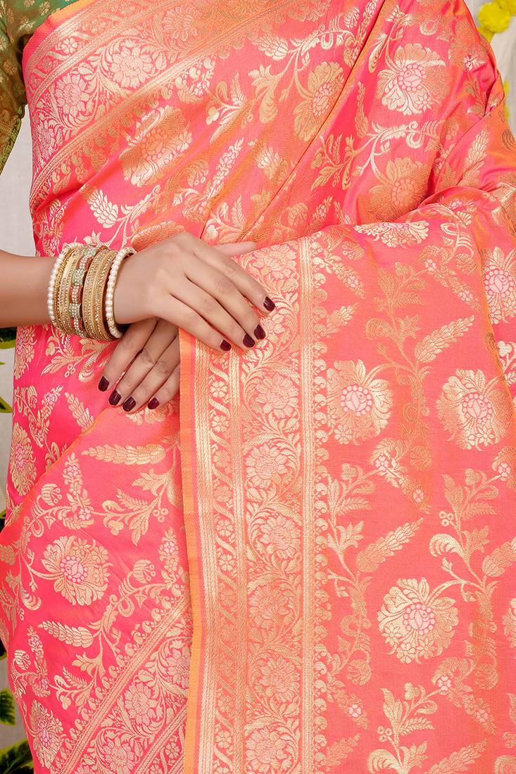 Peach banarasi silk blend saree with all-over floral zari jaal work