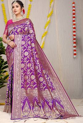 Purple banarasi silk blend saree with all-over floral zari jaal work 1