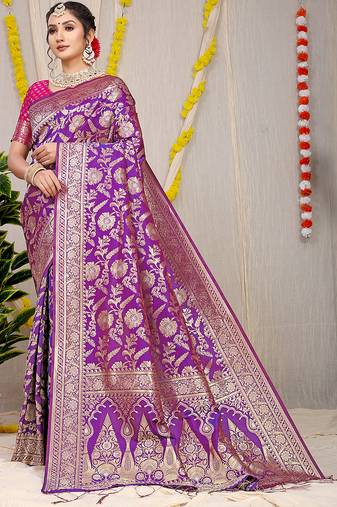 Purple banarasi silk blend saree with all-over floral zari jaal work