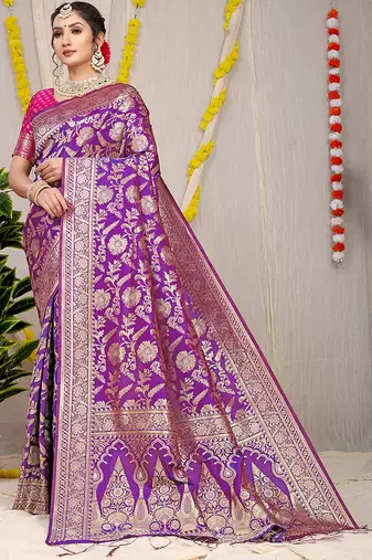 Purple banarasi silk blend saree with all-over floral zari jaal work