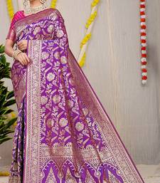 Purple banarasi silk blend saree with all-over floral zari jaal work
