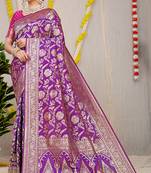 Purple banarasi silk blend saree with all-over floral zari jaal work