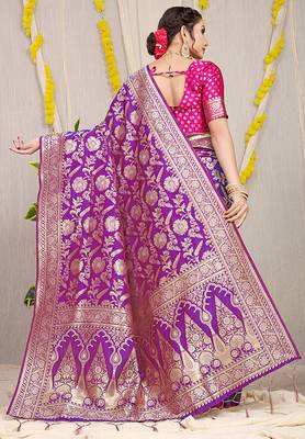 Purple banarasi silk blend saree with all-over floral zari jaal work 2