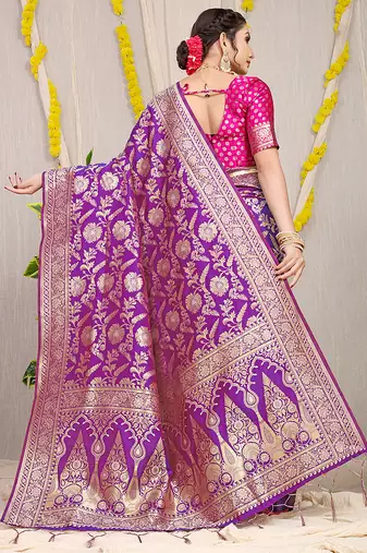 Purple banarasi silk blend saree with all-over floral zari jaal work