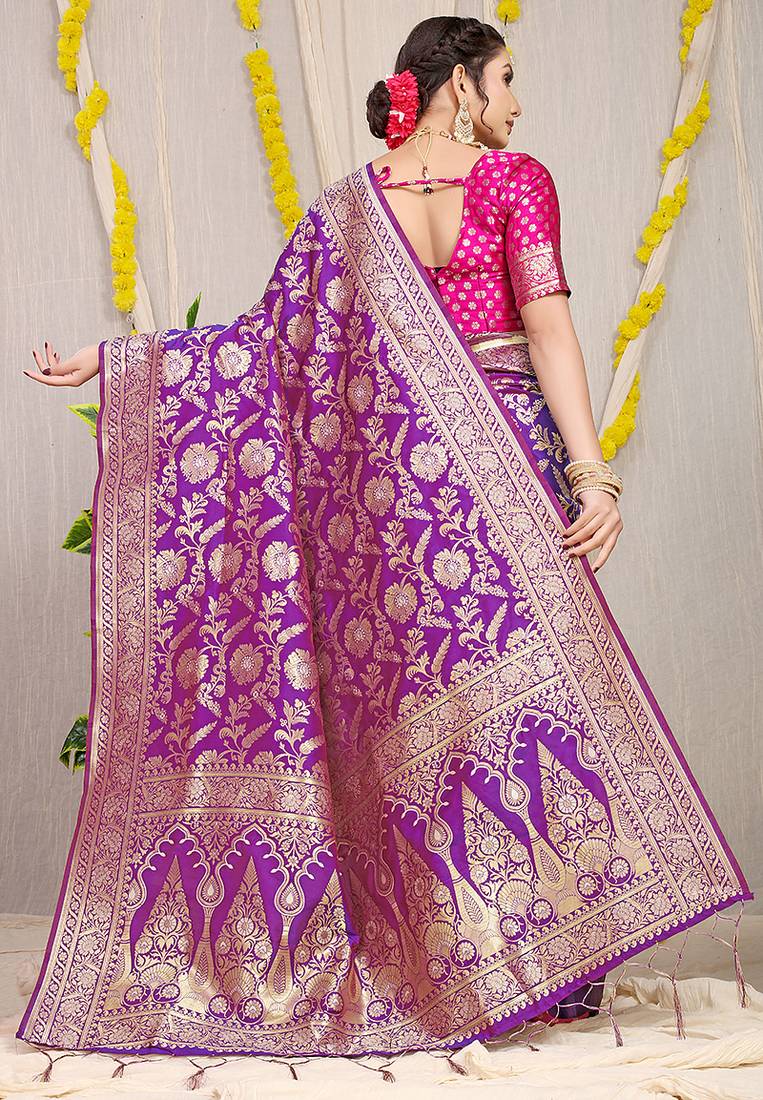 Purple banarasi silk blend saree with all-over floral zari jaal work