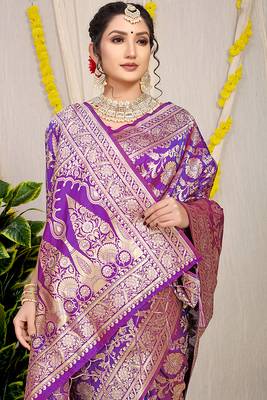 Purple banarasi silk blend saree with all-over floral zari jaal work 3