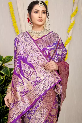 Purple banarasi silk blend saree with all-over floral zari jaal work