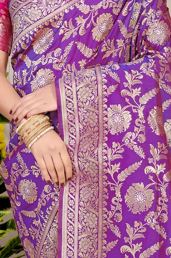 Purple banarasi silk blend saree with all-over floral zari jaal work