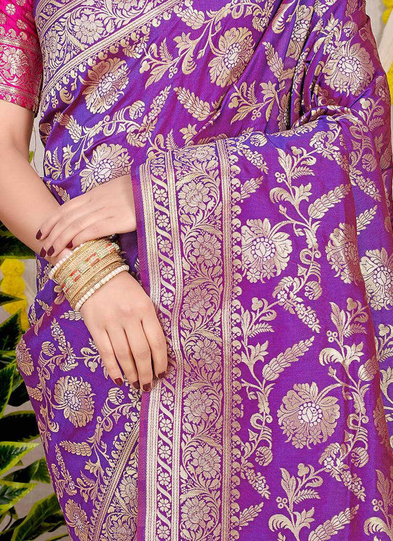 Purple banarasi silk blend saree with all-over floral zari jaal work