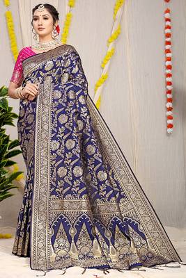 Navy blue banarasi silk blend saree with all-over floral zari jaal work 1