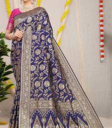 Navy blue banarasi silk blend saree with all-over floral zari jaal work