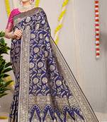 Navy blue banarasi silk blend saree with all-over floral zari jaal work