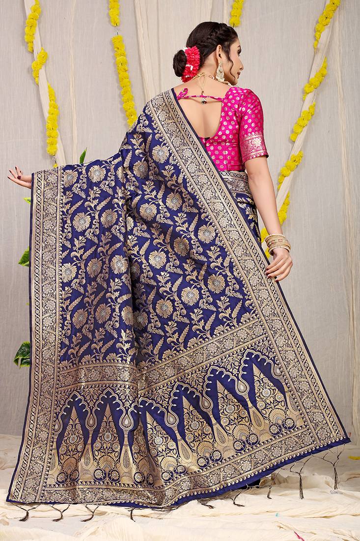 Navy blue banarasi silk blend saree with all-over floral zari jaal work