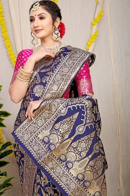 Navy blue banarasi silk blend saree with all-over floral zari jaal work 3