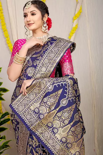 Navy blue banarasi silk blend saree with all-over floral zari jaal work