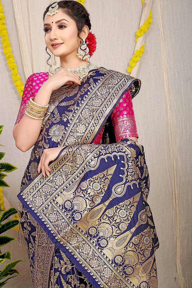 Navy blue banarasi silk blend saree with all-over floral zari jaal work