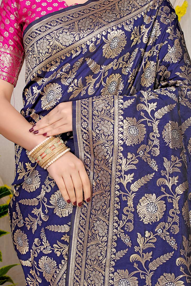Navy blue banarasi silk blend saree with all-over floral zari jaal work