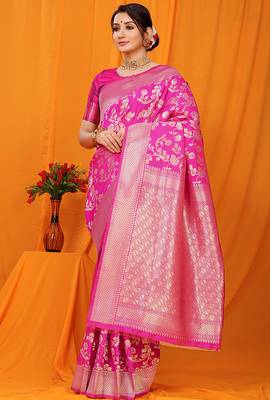 Rani pink banarasi silk blend saree with rich zari floral weaving 1