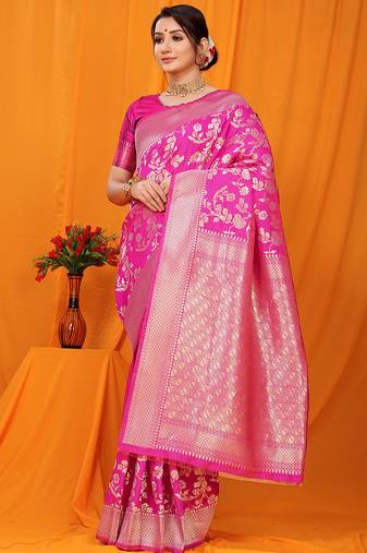Rani pink banarasi silk blend saree with rich zari floral weaving